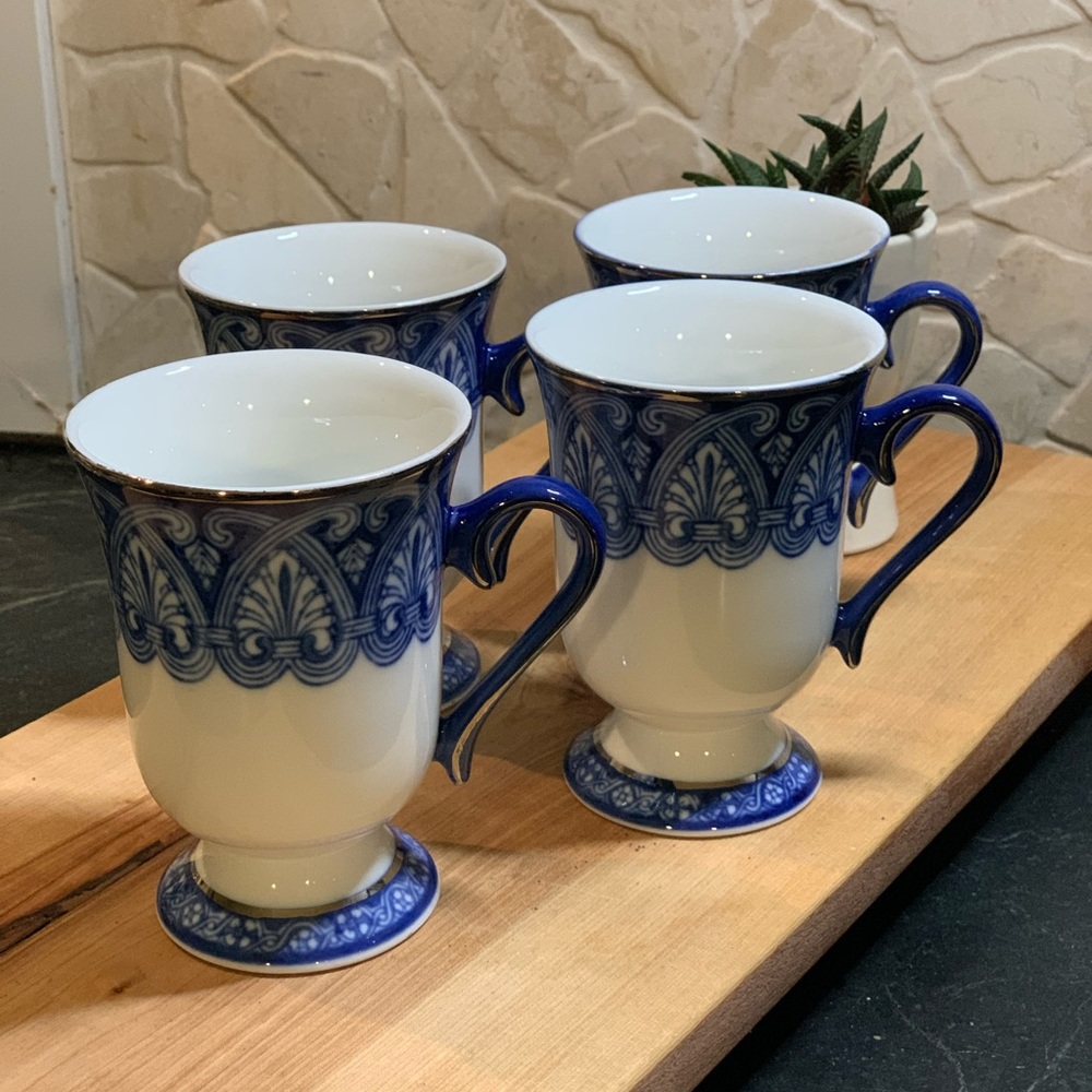 BOMBAY | Set of 4 | Blue and White Arabesque Tile Mugs